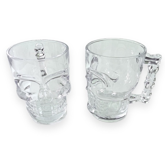 Skeleton Clear Heavy Base Glass Skull Face Drinking Mugs Set of 2 Beer Cups - Picture 3 of 4